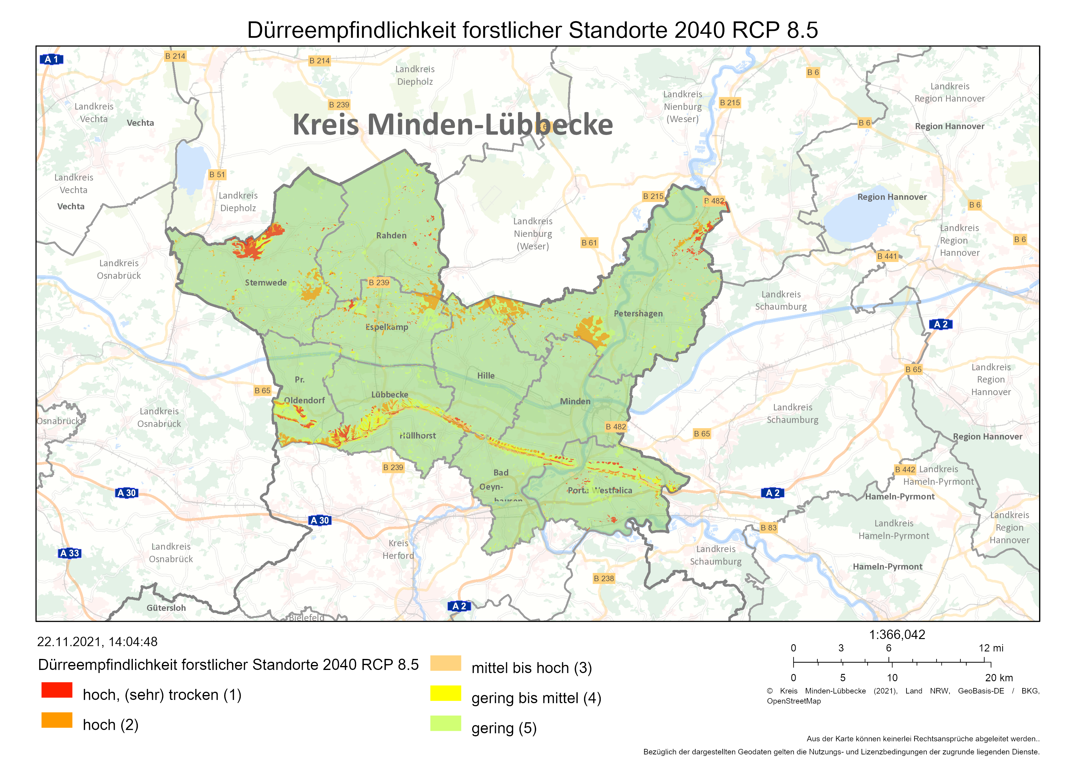 DÃ¼rreempfindlichkeit forstlicher Standorte 2040 | RCP 8.5 (Quelle: Wald & Holz NRW, LANUV NRW & Kreis Minden-LÃ¼bbecke)