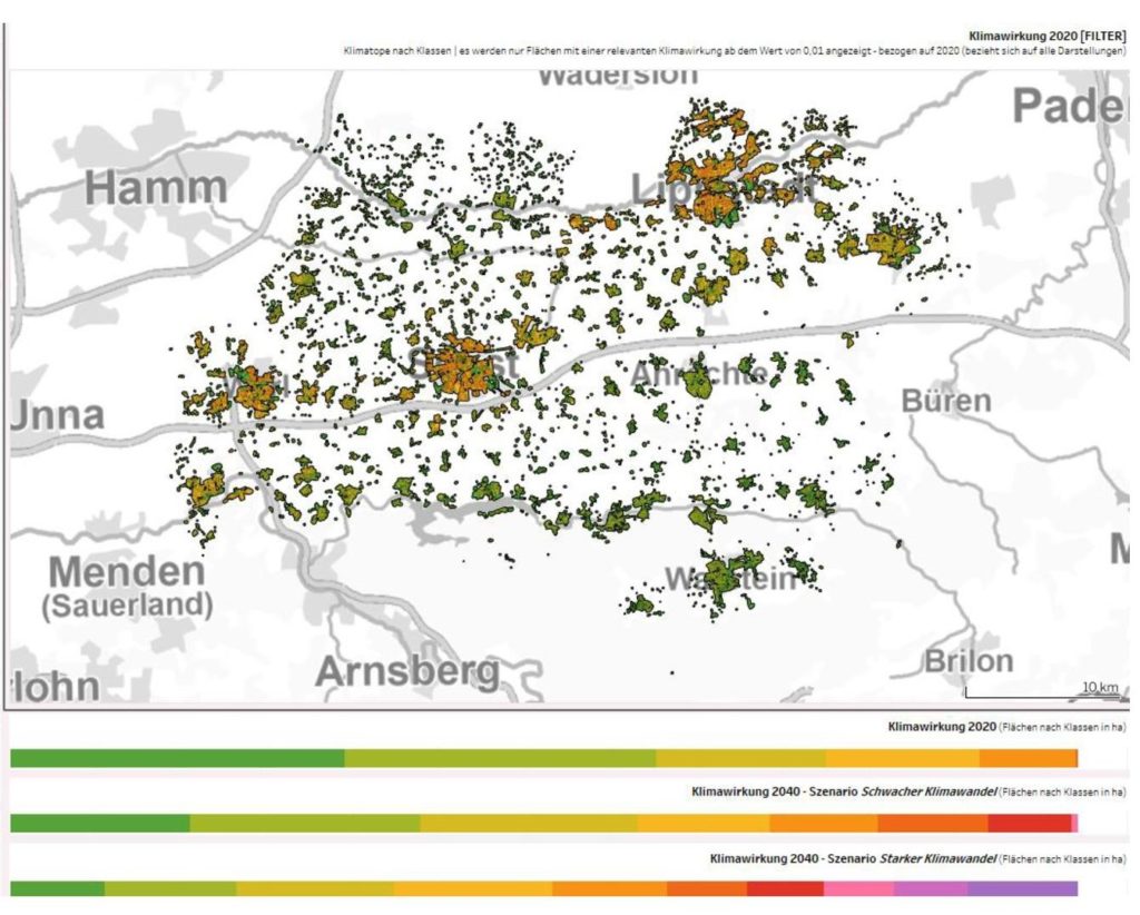 Inzicht in de klimaatimpactanalyse - kruising van het klimaatsignaal warmte met de gevoeligheid van de inwoners van het district Soest. Verschillende scenario's voor klimaatverandering kunnen in de toekomst in kaart worden gebracht. (IRPUD 2021)